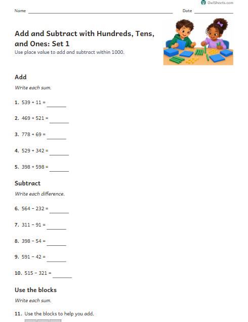 Add and Subtract with Hundreds, Tens, and Ones: Set 1 worksheet preview