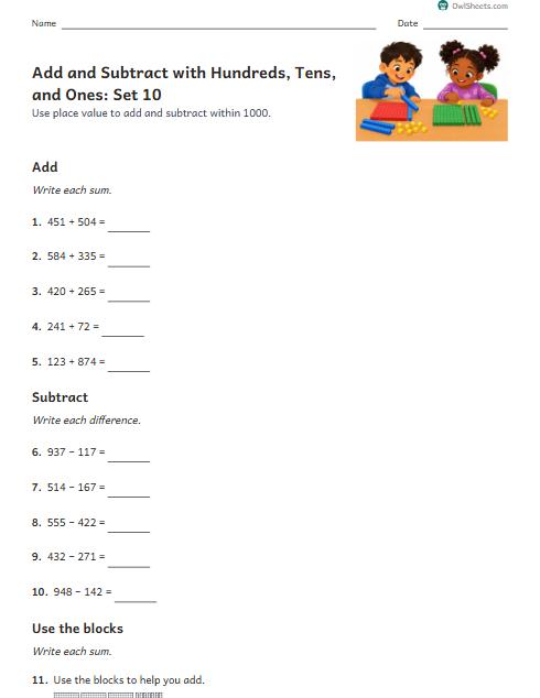 Add and Subtract with Hundreds, Tens, and Ones: Set 10 worksheet preview