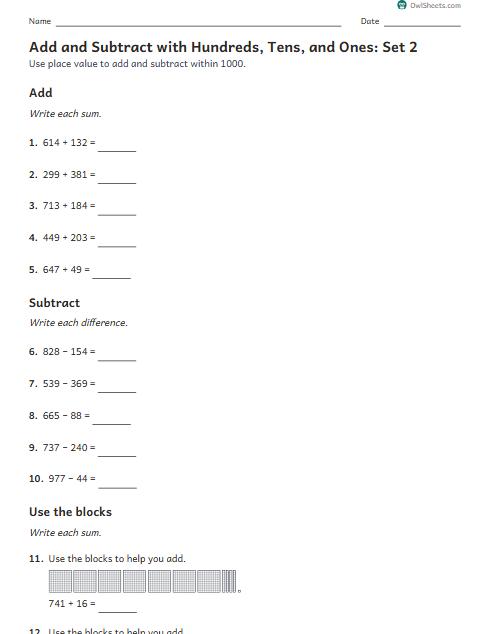 Add and Subtract with Hundreds, Tens, and Ones: Set 2 worksheet preview