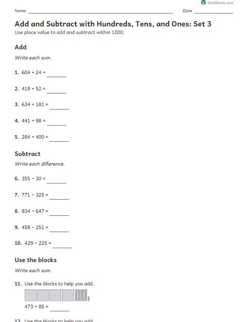 Add and Subtract with Hundreds, Tens, and Ones: Set 3 worksheet preview