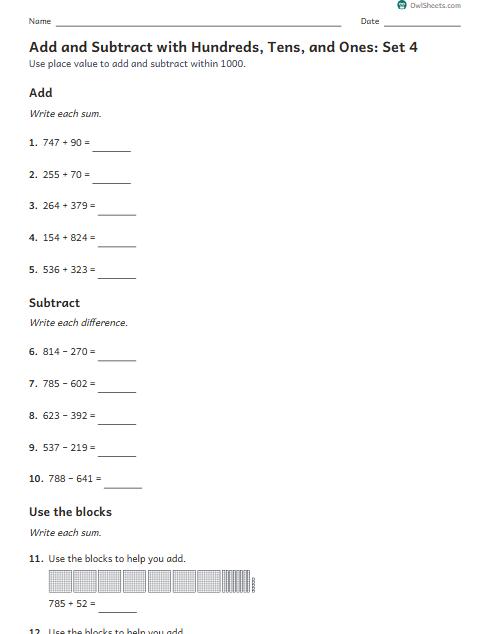 Add and Subtract with Hundreds, Tens, and Ones: Set 4 worksheet preview