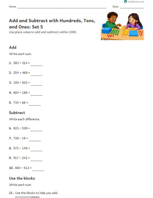 Add and Subtract with Hundreds, Tens, and Ones: Set 5 worksheet preview