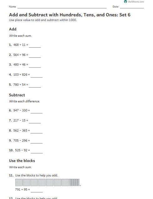 Add and Subtract with Hundreds, Tens, and Ones: Set 6 worksheet preview