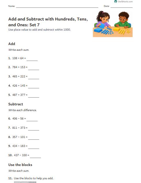 Add and Subtract with Hundreds, Tens, and Ones: Set 7 worksheet preview