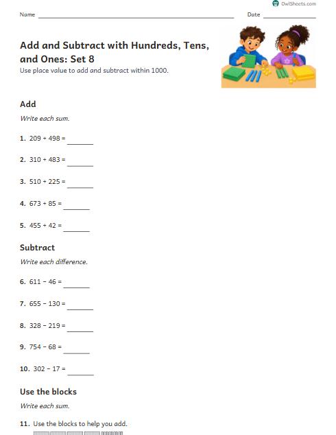 Add and Subtract with Hundreds, Tens, and Ones: Set 8 worksheet preview