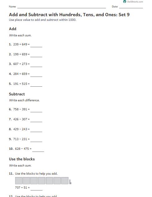 Add and Subtract with Hundreds, Tens, and Ones: Set 9 worksheet preview