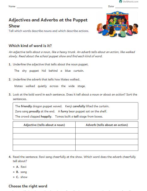 Adjectives and Adverbs at the Puppet Show worksheet preview