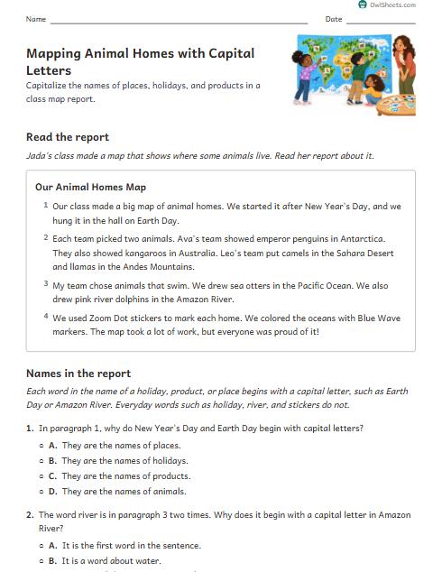 Mapping Animal Homes with Capital Letters worksheet preview