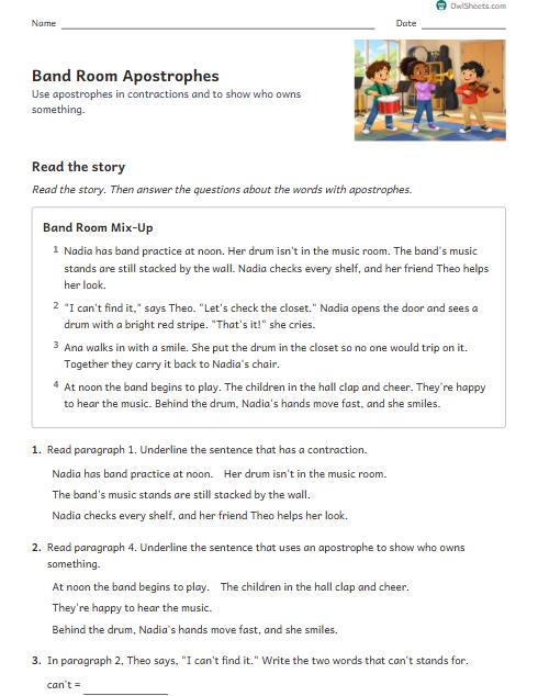 Band Room Apostrophes worksheet preview