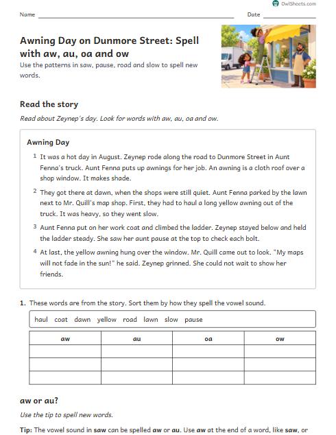 Awning Day on Dunmore Street: Spell with aw, au, oa and ow worksheet preview