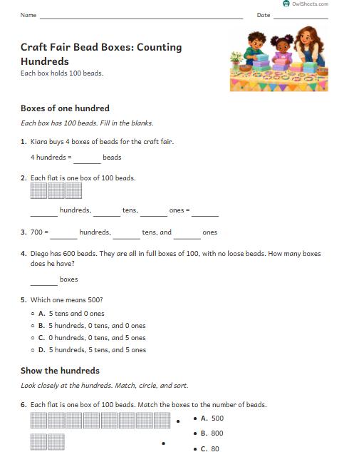 Craft Fair Bead Boxes: Counting Hundreds worksheet preview