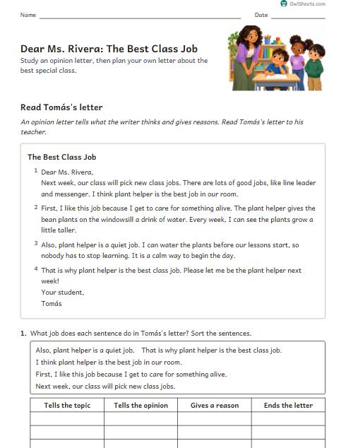 Dear Ms. Rivera: The Best Class Job worksheet preview