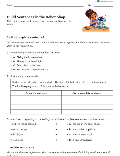 Build Sentences in the Robot Shop worksheet preview