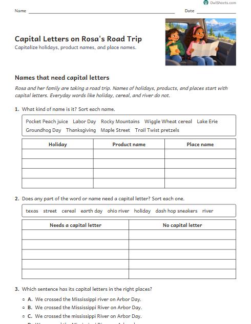 Capital Letters on Rosa's Road Trip worksheet preview
