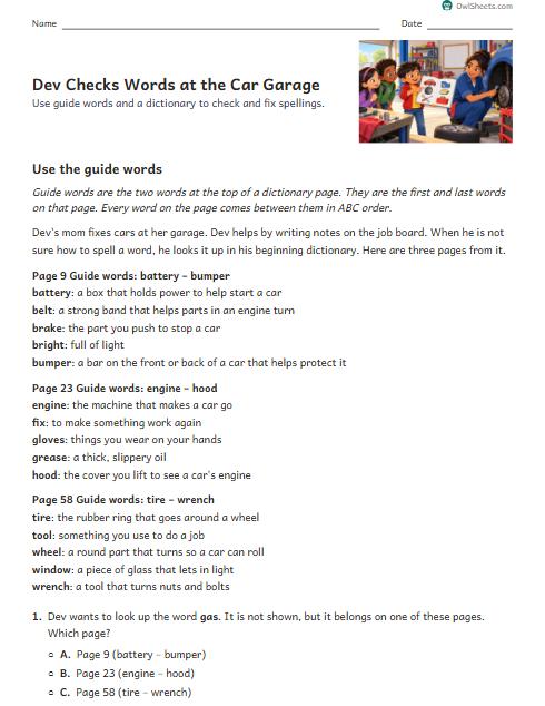 Dev Checks Words at the Car Garage worksheet preview