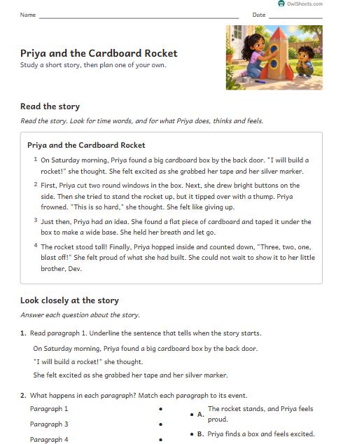 Priya and the Cardboard Rocket worksheet preview