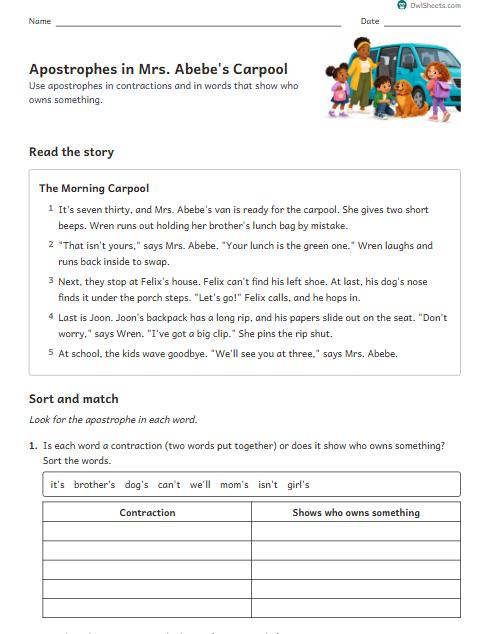 Apostrophes in Mrs. Abebe's Carpool worksheet preview