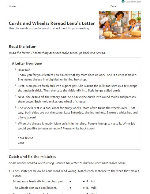 Curds and Wheels: Reread Lena's Letter worksheet preview