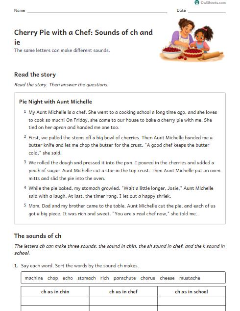 Cherry Pie with a Chef: Sounds of ch and ie worksheet preview