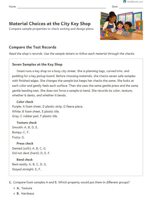Material Choices at the City Key Shop worksheet preview