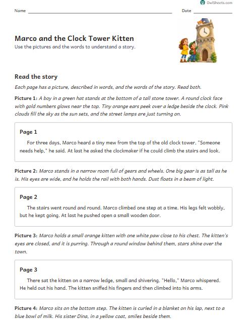 Marco and the Clock Tower Kitten worksheet preview