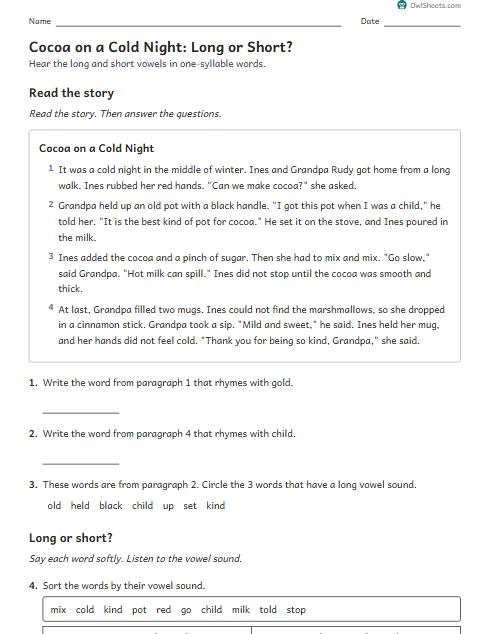 Cocoa on a Cold Night: Long or Short? worksheet preview