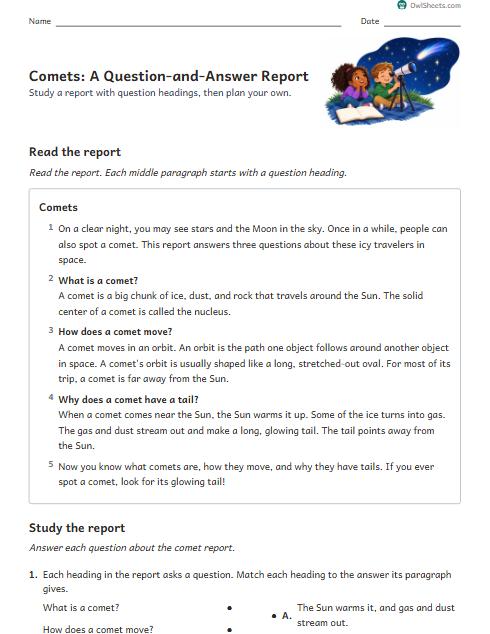 Comets: A Question-and-Answer Report worksheet preview