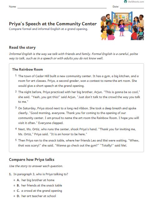 Priya's Speech at the Community Center worksheet preview