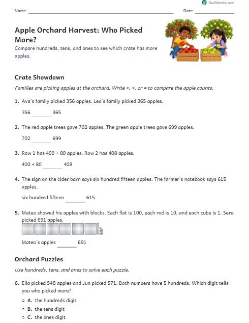 Apple Orchard Harvest: Who Picked More? worksheet preview