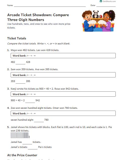 Arcade Ticket Showdown: Compare Three-Digit Numbers worksheet preview