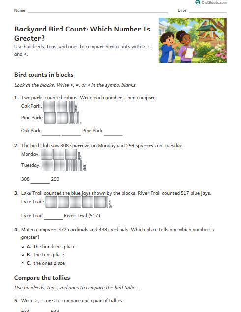 Backyard Bird Count: Which Number Is Greater? worksheet preview