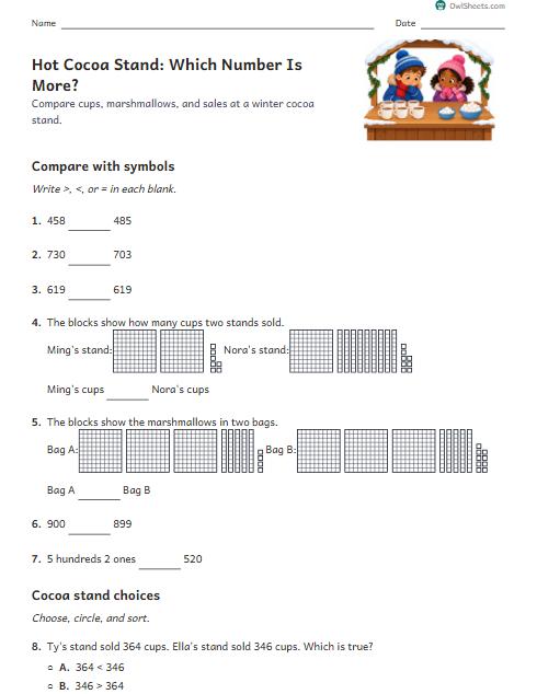 Hot Cocoa Stand: Which Number Is More? worksheet preview