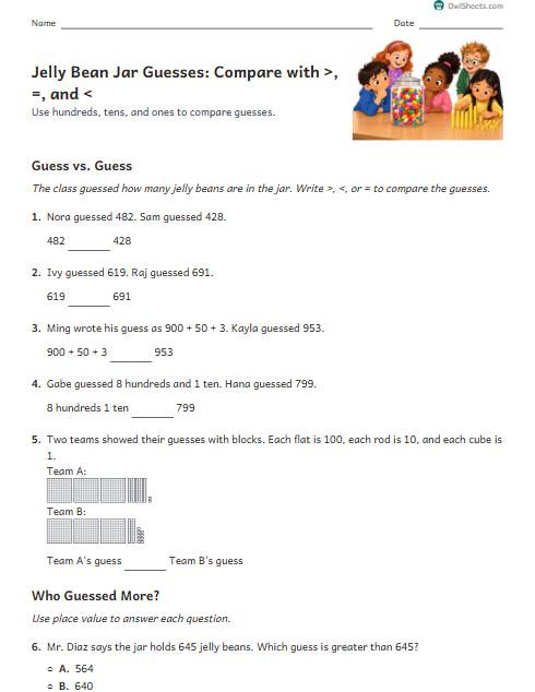 Jelly Bean Jar Guesses: Compare with >, =, and < worksheet preview