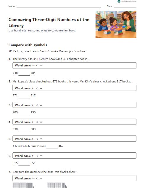 Comparing Three-Digit Numbers at the Library worksheet preview