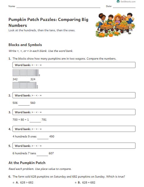 Pumpkin Patch Puzzles: Comparing Big Numbers worksheet preview