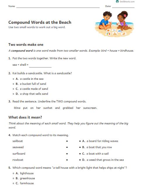 Compound Words at the Beach worksheet preview