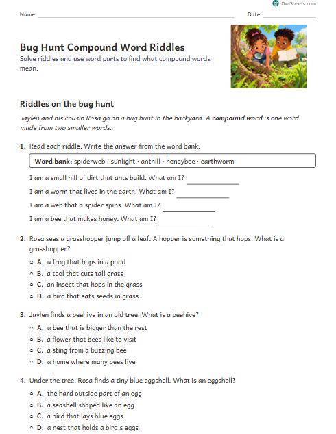 Bug Hunt Compound Word Riddles worksheet preview