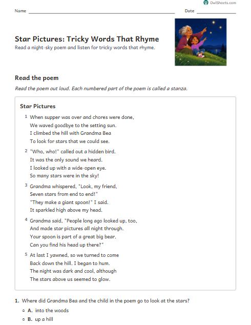 Star Pictures: Tricky Words That Rhyme worksheet preview