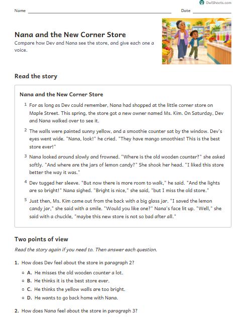 Nana and the New Corner Store worksheet preview