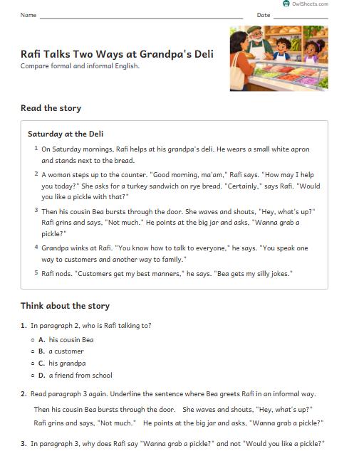 Rafi Talks Two Ways at Grandpa's Deli worksheet preview