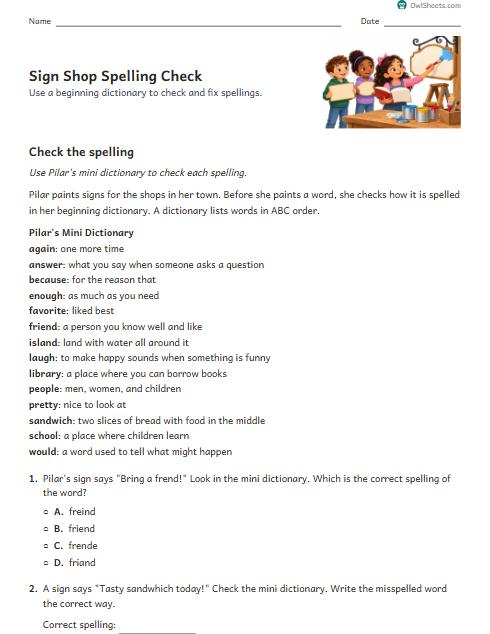 Sign Shop Spelling Check worksheet preview