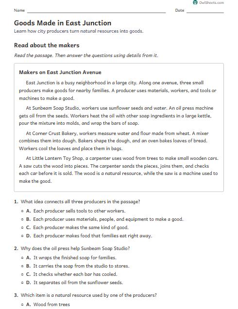 Goods Made in East Junction worksheet preview