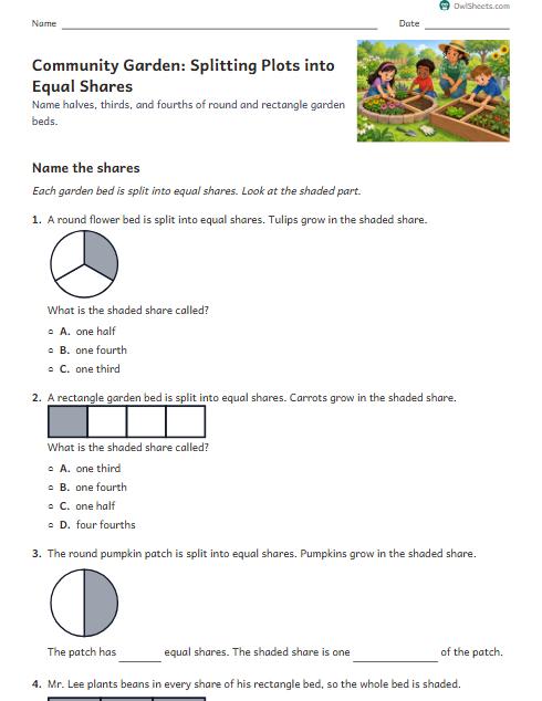Community Garden: Splitting Plots into Equal Shares worksheet preview