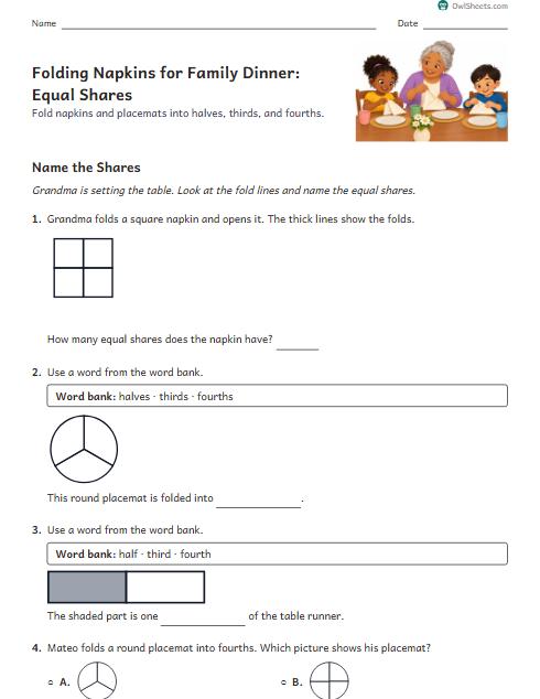 Folding Napkins for Family Dinner: Equal Shares worksheet preview