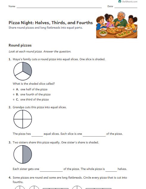 Pizza Night: Halves, Thirds, and Fourths worksheet preview