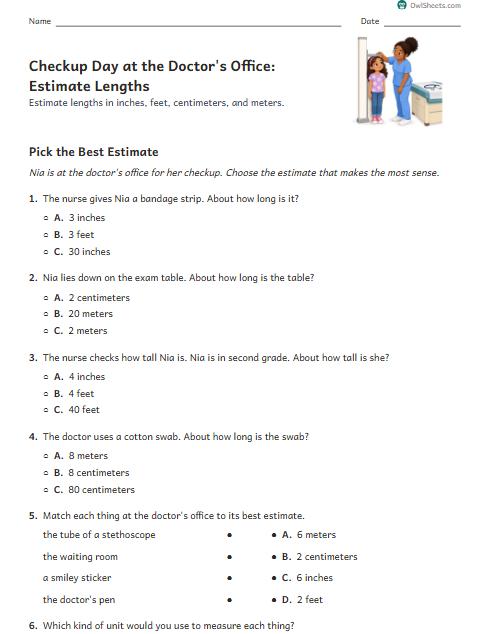 Checkup Day at the Doctor's Office: Estimate Lengths worksheet preview