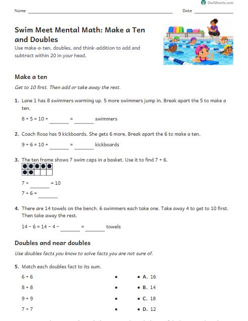Swim Meet Mental Math: Make a Ten and Doubles worksheet preview