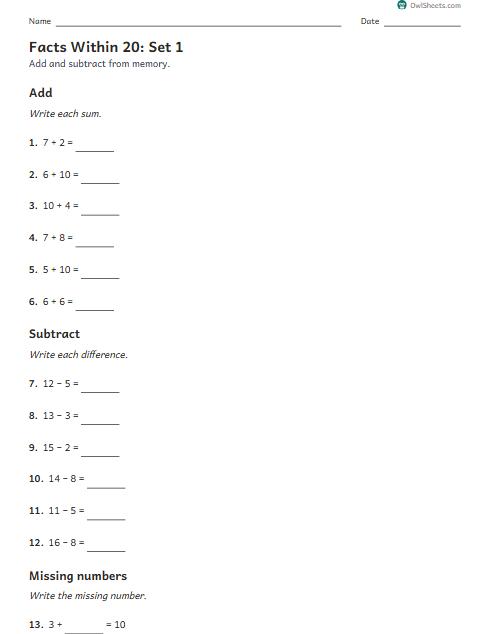 Facts Within 20: Set 1 worksheet preview