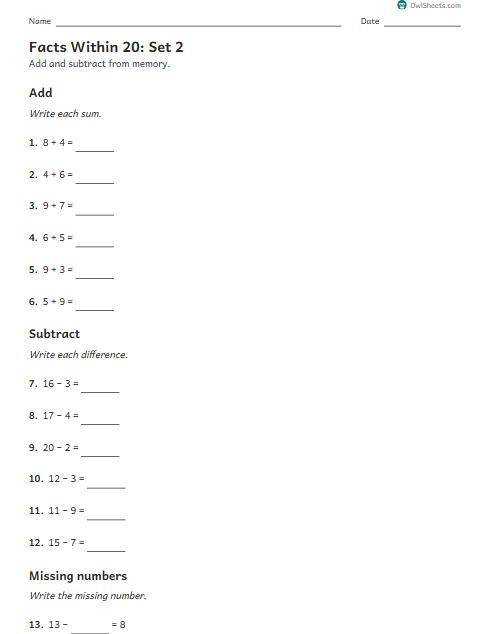 Facts Within 20: Set 2 worksheet preview