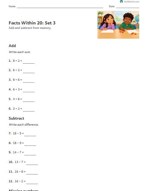 Facts Within 20: Set 3 worksheet preview